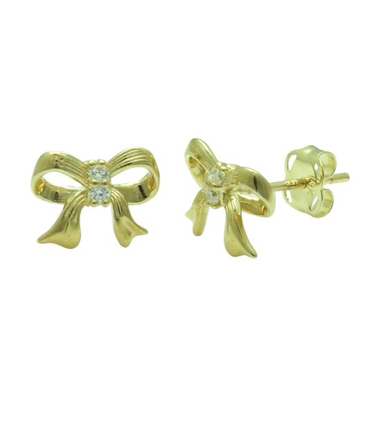 Vinali 14K Solid Yellow Gold CZ Bow Stud Earrings for Women