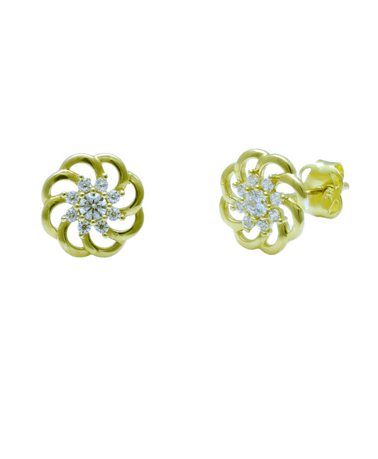 Vinali 14K Solid Yellow Gold CZ Swirl Flower Stud Earrings for Women