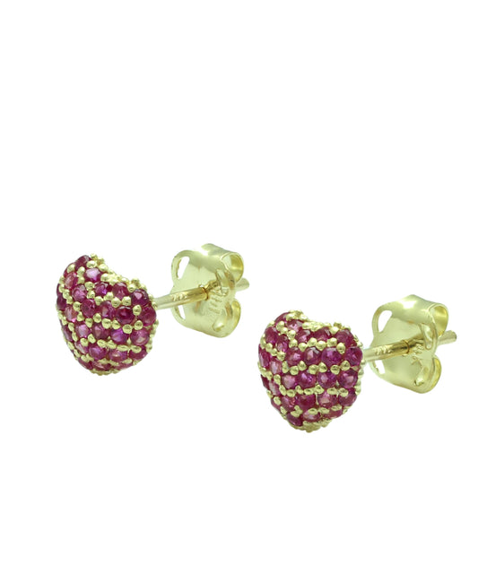 Vinali 14K Solid Yellow Gold Red CZ Pave Heart Stud Earrings for Women