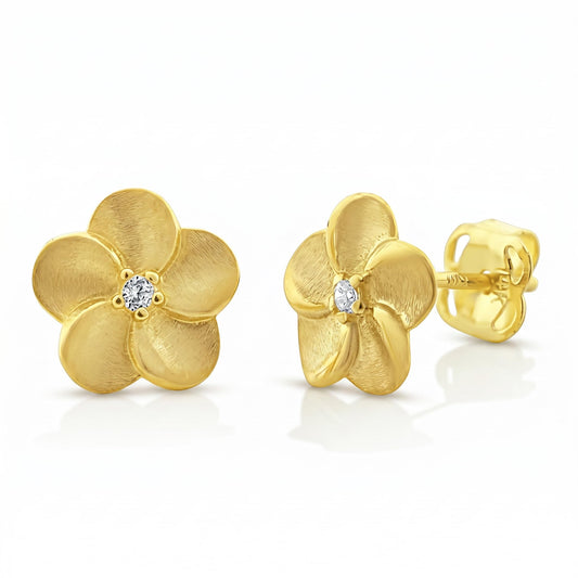 Vinali 14K Yellow Gold CZ Plumeria Flower Stud Earrings for Women