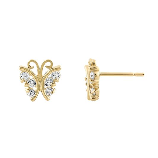 Vinali 14K Solid Yellow Gold CZ Butterfly Stud Earrings for Women