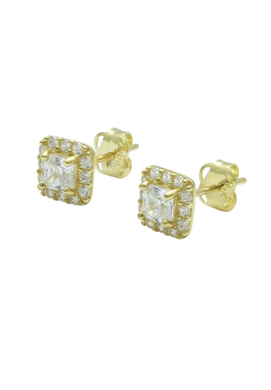 Vinali 14K Solid Yellow Gold Princess CZ Square Halo Stud Earrings for Women
