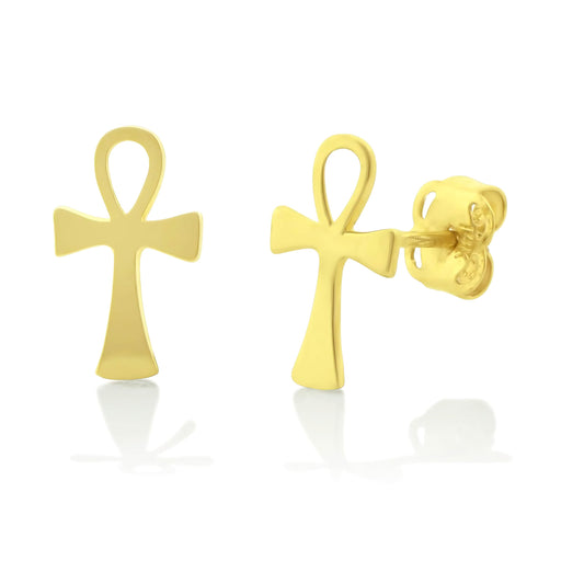 Vinali 14K Yellow Gold Ankh Cross Stud Earrings for Women