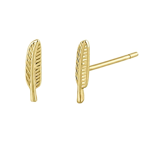 Vinali 14K Yellow Gold Dainty Feather Stud Earrings for Women