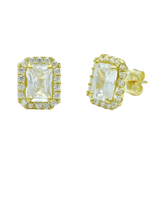 Vinali 14K Solid Yellow Gold Radiant Cut CZ Halo Stud Earrings for Women