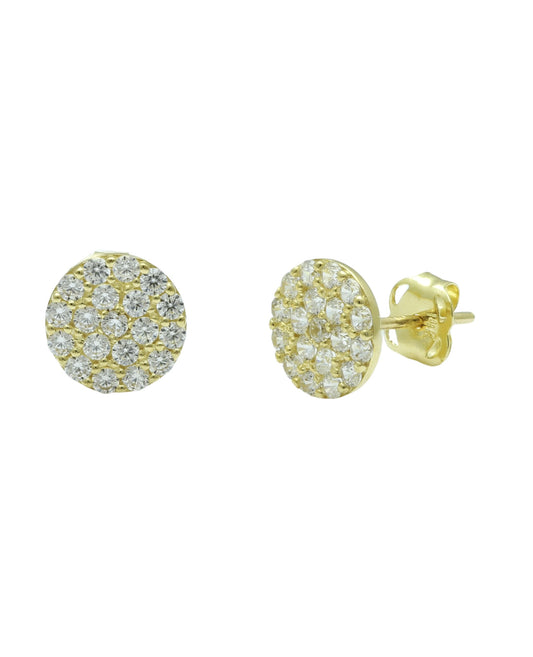 Vinali 14K Solid Yellow Gold CZ Pave Round Disc Stud Earrings for Women