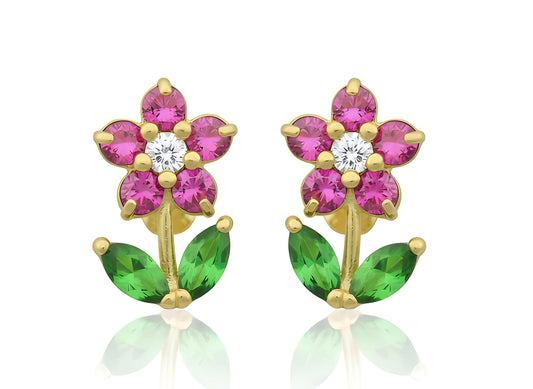 Vinali 14K Solid Yellow Gold Pink CZ Flower Stud Earrings for Women