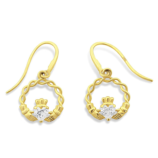 Vinali 14K Yellow Gold CZ Celtic Claddagh Dangle Earrings for Women
