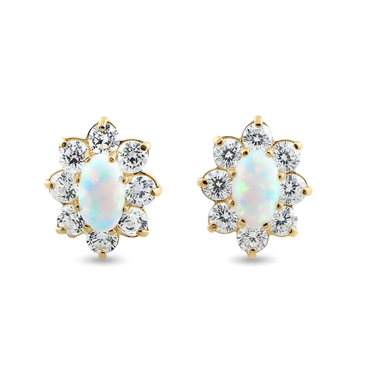 Vinali 14K Yellow Gold Oval Created Opal CZ Halo Stud Earrings for Women