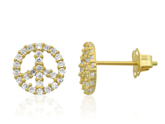 Vinali 14K Solid Yellow Gold CZ Peace Sign Stud Earrings for Women