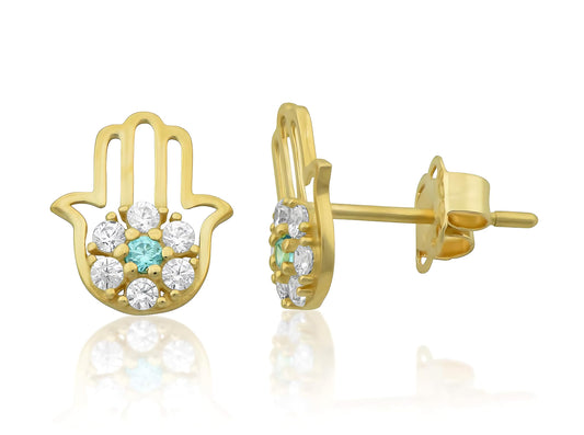 Vinali 14K Yellow Gold Blue and White CZ Hamsa Hand Stud Earrings for Women