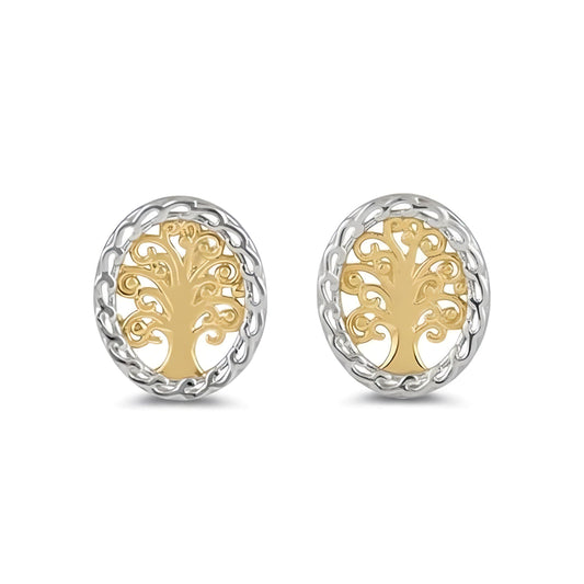 Vinali 14K Solid Two Tone Gold Oval Tree of Life Stud Earrings for Women
