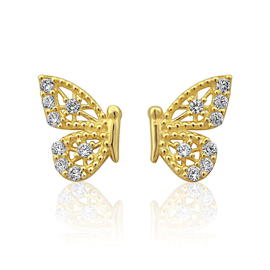 Vinali 14K Yellow Gold CZ Filigree Butterfly Stud Earrings for Women