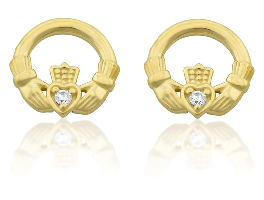 Vinali 14K Yellow Gold CZ Claddagh Heart Stud Earrings for Women