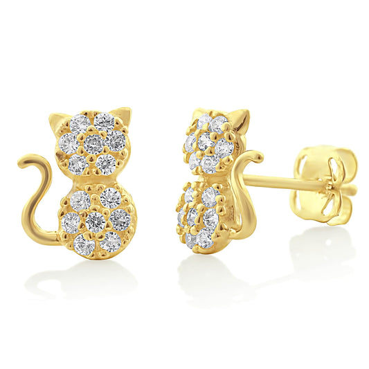 Vinali 14K Yellow Gold CZ Sitting Cat Stud Earrings for Women