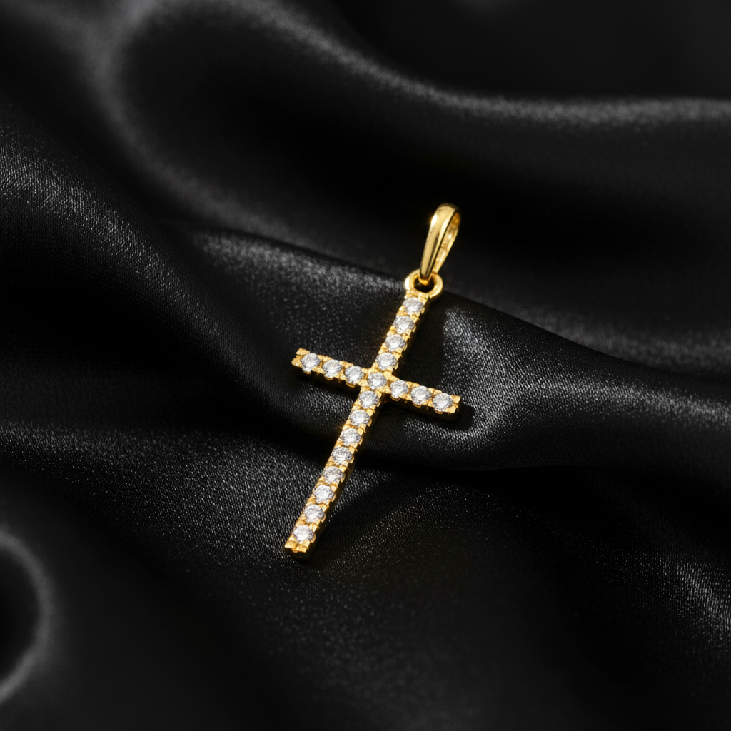 Solid 14K Yellow Gold Cross CZ Pendant for Women and Teens