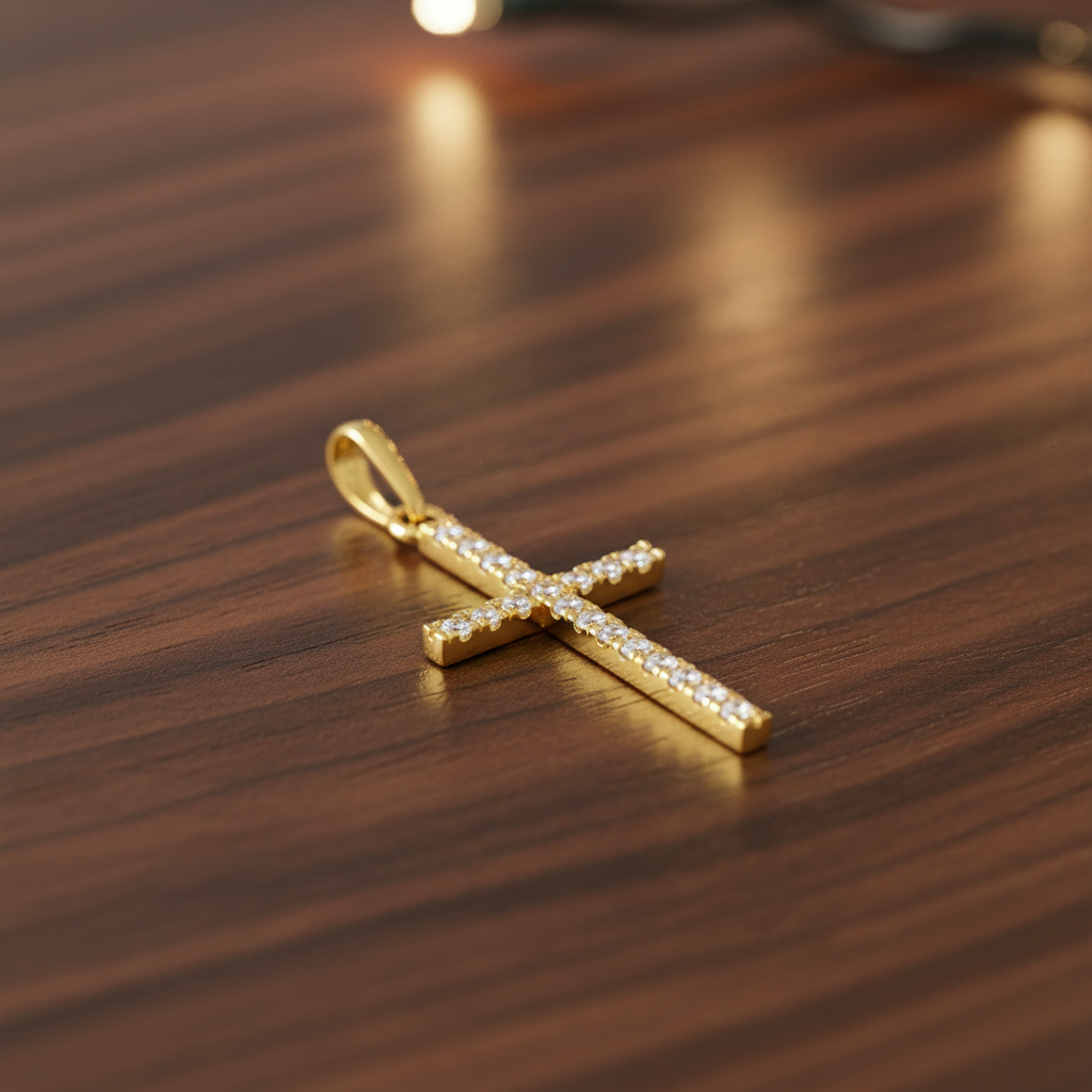 Solid 14K Yellow Gold Cross CZ Pendant for Women and Teens