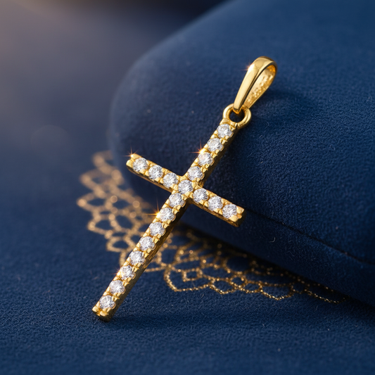 Solid 14K Yellow Gold Cross CZ Pendant for Women and Teens