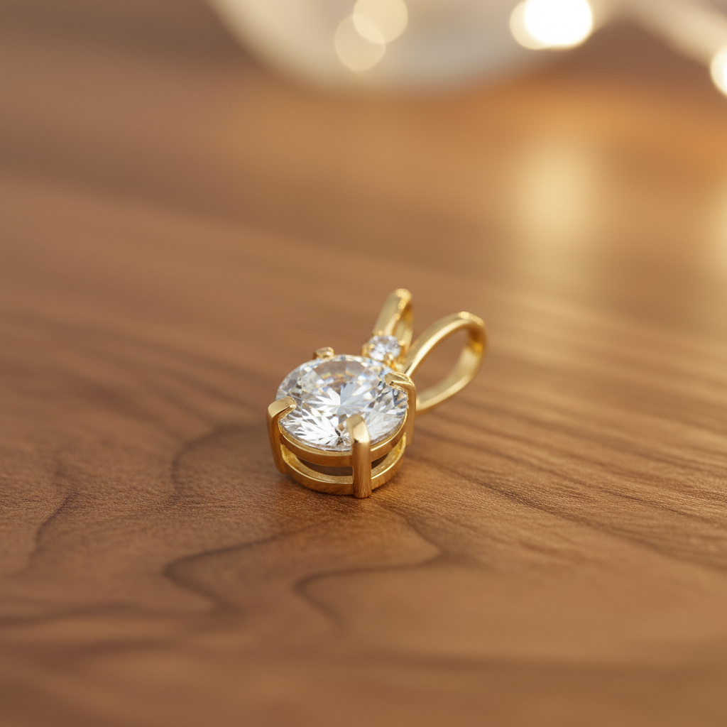 Solid 14K Yellow Gold Round CZ Pendant for Women and Teens
