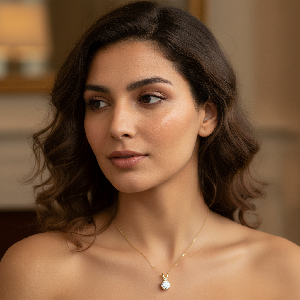 Solid 14K Yellow Gold Round CZ Pendant for Women and Teens