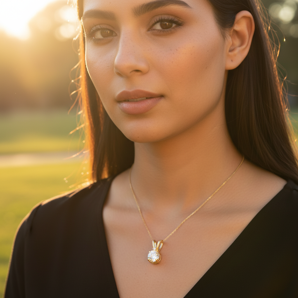 Solid 14K Yellow Gold Round CZ Pendant for Women and Teens