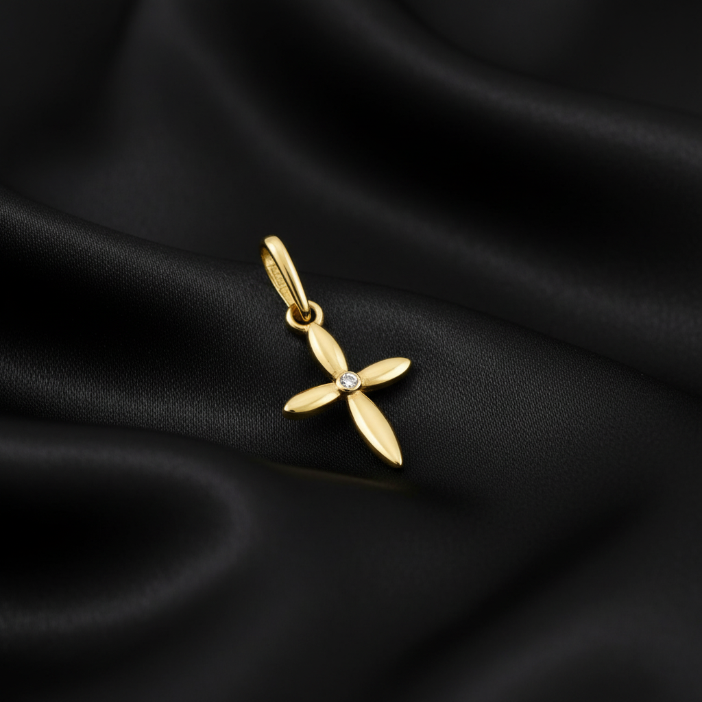 Solid 14K Yellow Gold Vintage Cross CZ Pendant for Women and Teens