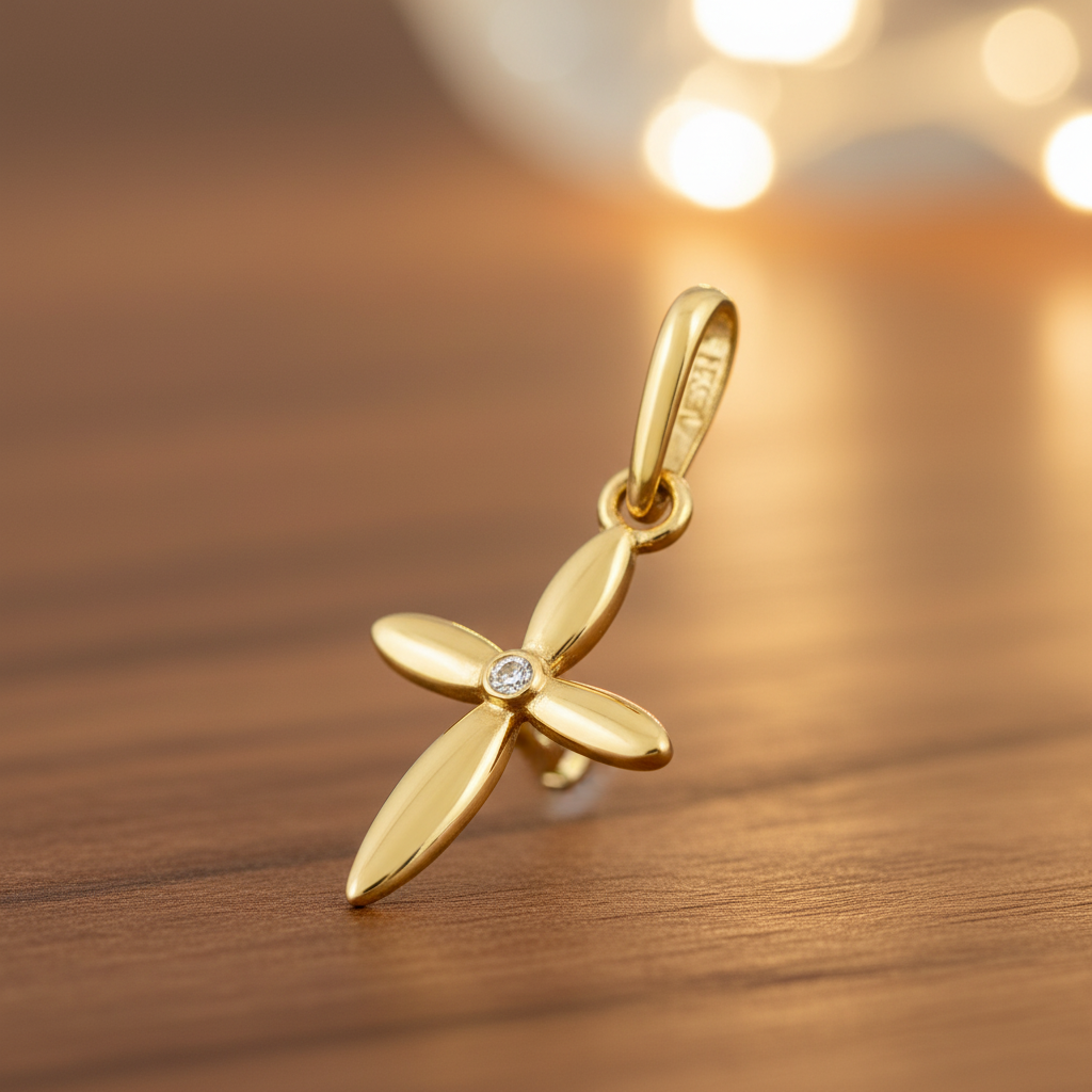 Solid 14K Yellow Gold Vintage Cross CZ Pendant for Women and Teens