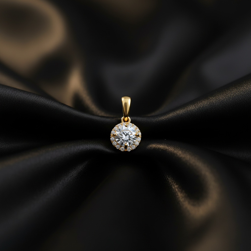 Solid 14K Yellow Gold Round Halo CZ Pendant for Women and Teens
