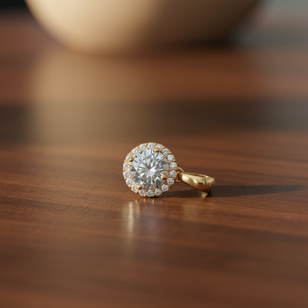 Solid 14K Yellow Gold Round Halo CZ Pendant for Women and Teens