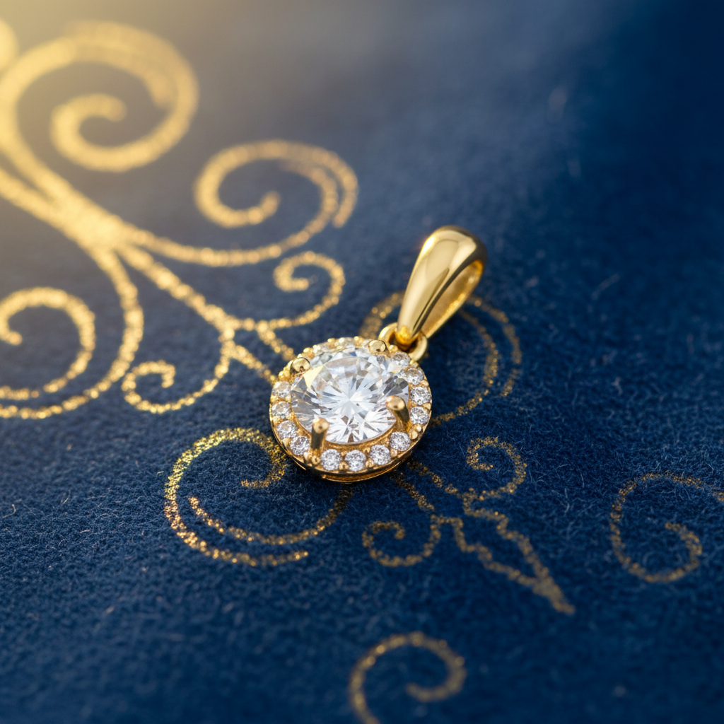 Solid 14K Yellow Gold Round Halo CZ Pendant for Women and Teens