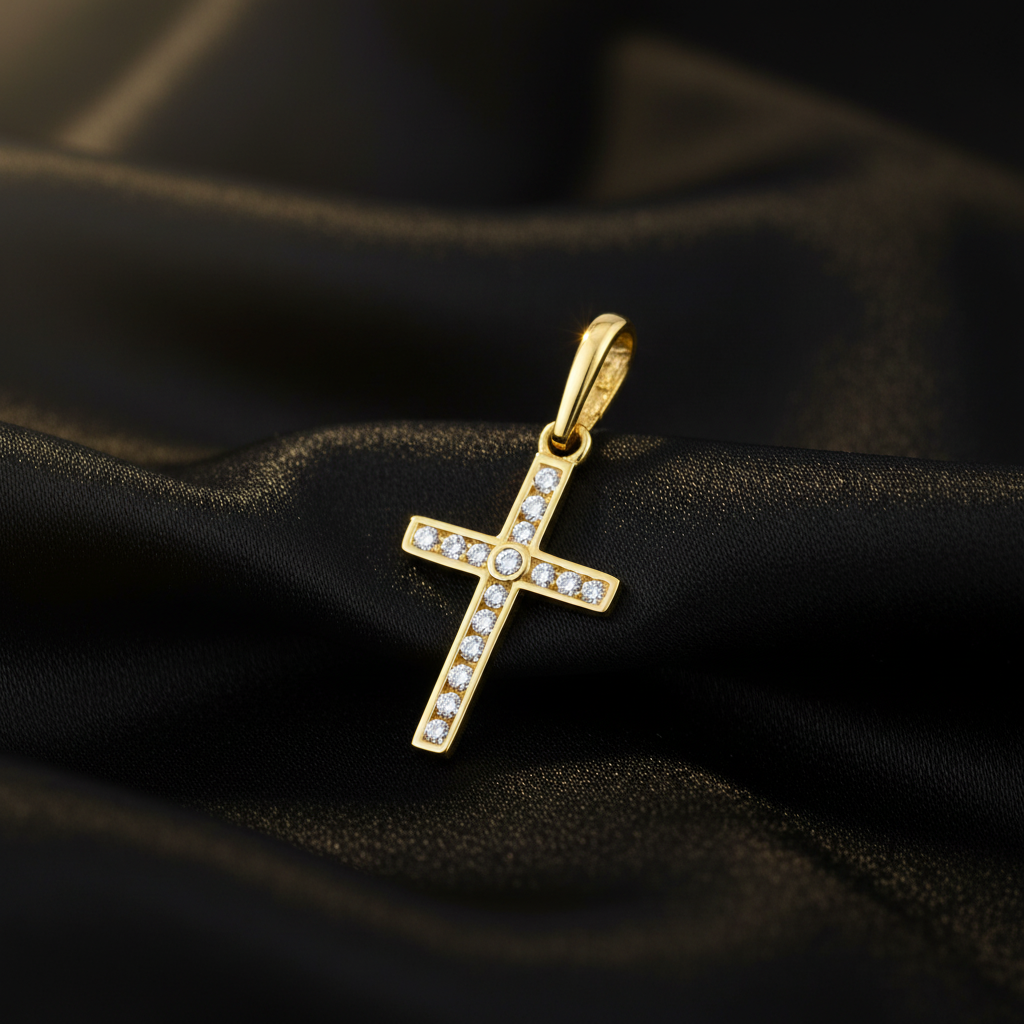 Solid 14K Yellow Gold Cross CZ Pendant for Women and Teens