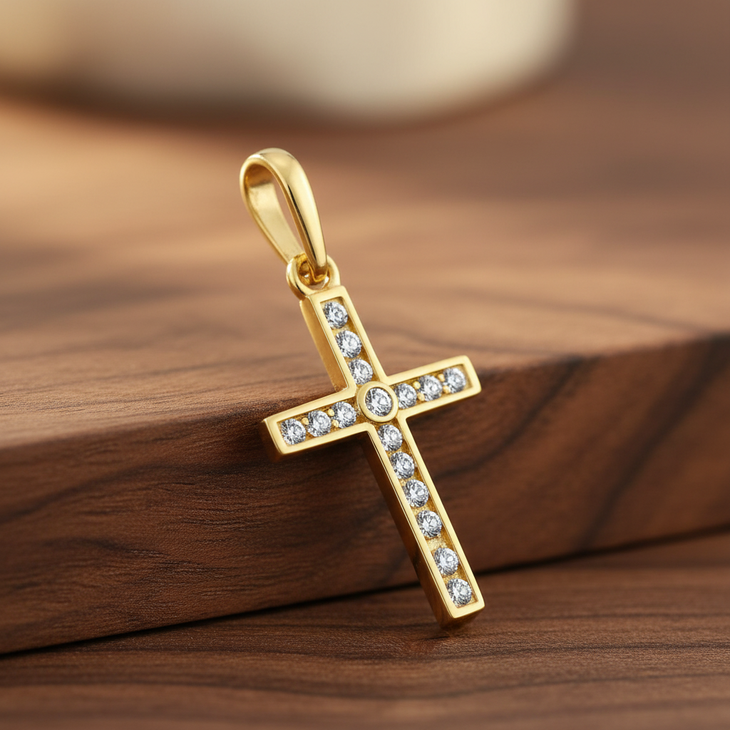 Solid 14K Yellow Gold Cross CZ Pendant for Women and Teens