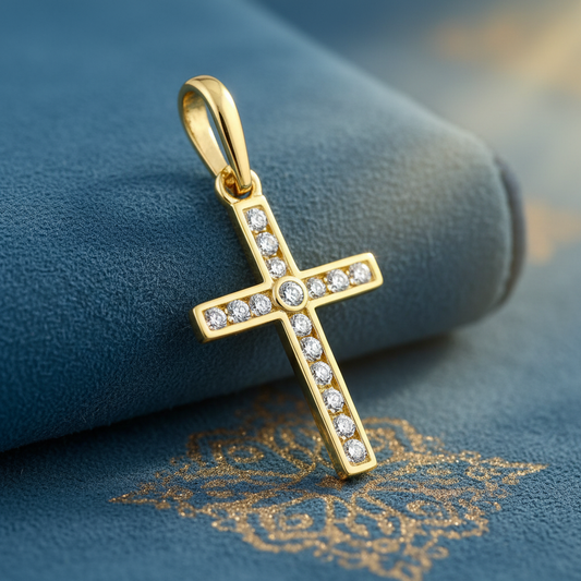 Solid 14K Yellow Gold Cross CZ Pendant for Women and Teens