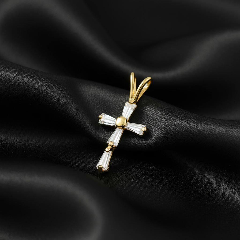 Solid 14K Yellow Gold Baguette Straight CZ Cross Pendant for Women and Teens