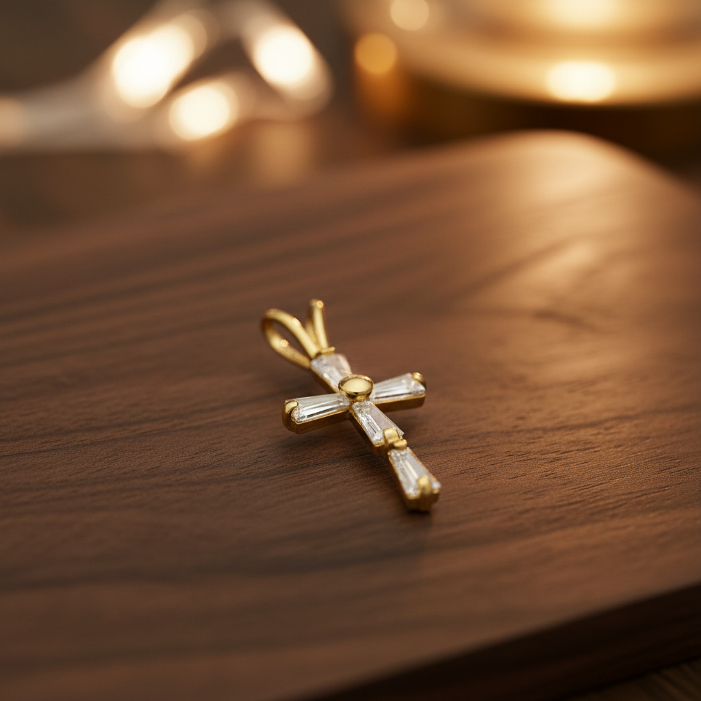 Solid 14K Yellow Gold Baguette Straight CZ Cross Pendant for Women and Teens