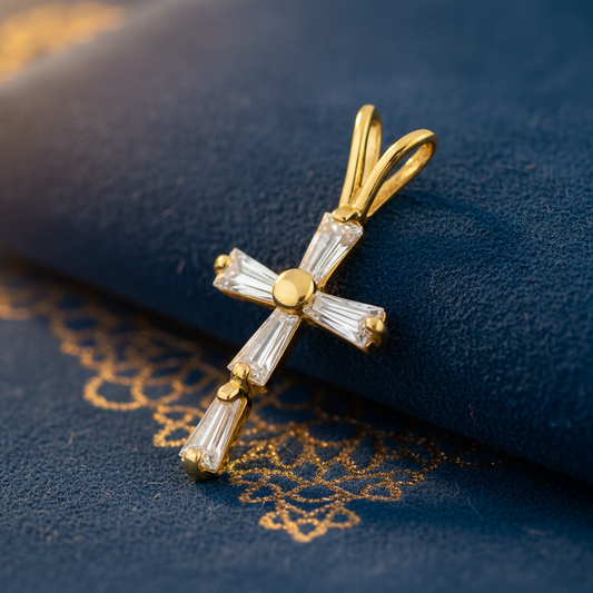 Solid 14K Yellow Gold Baguette Straight CZ Cross Pendant for Women and Teens