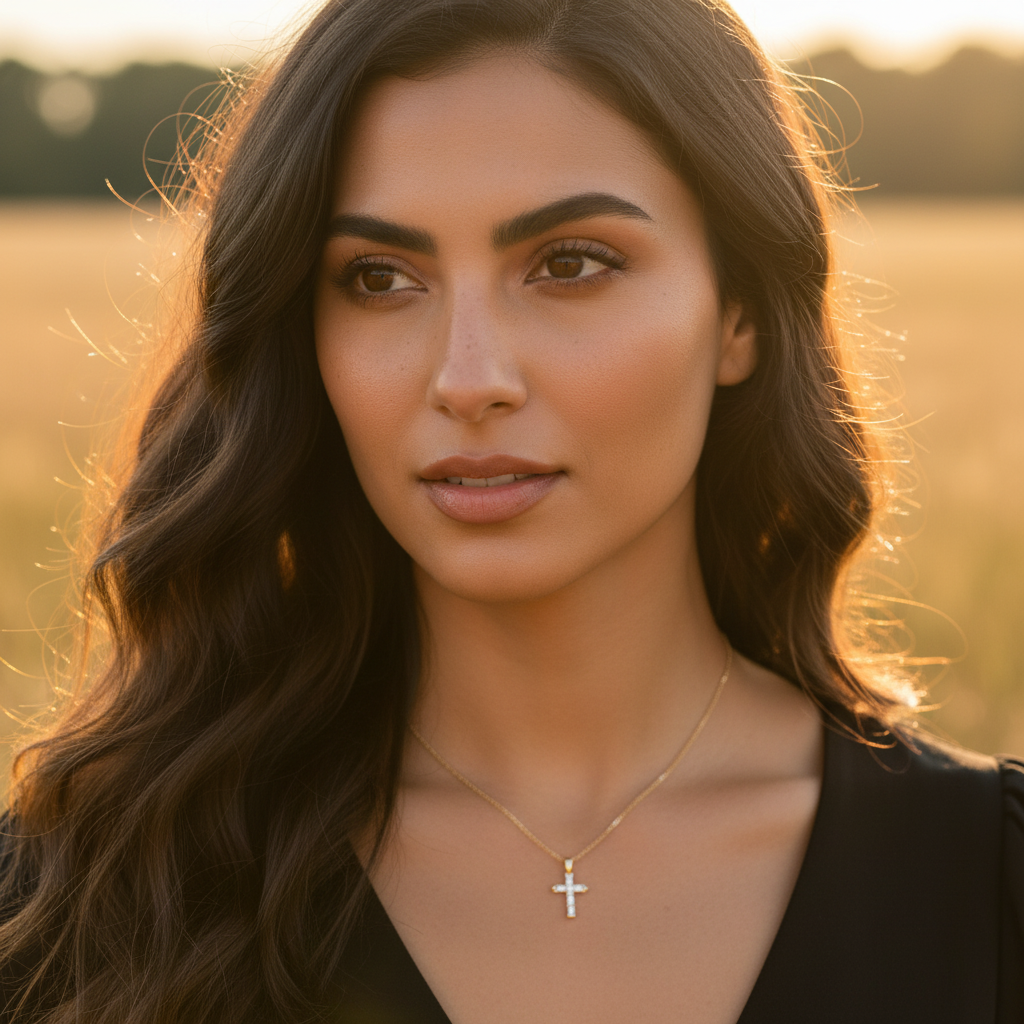 Solid 14K Yellow Gold Baguette Straight CZ Cross Pendant for Women and Teens