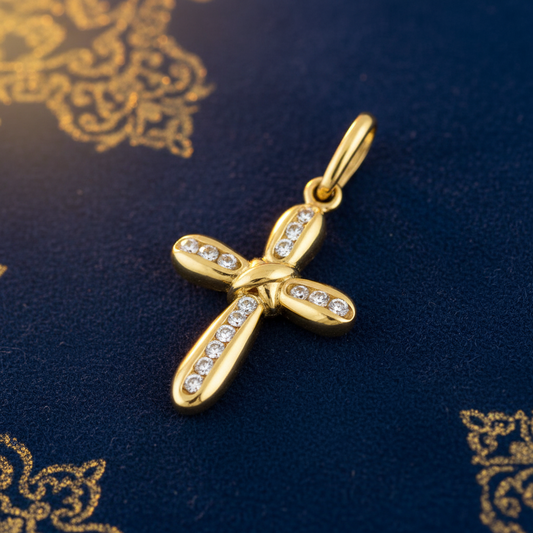 Solid 14K Yellow Gold Rounded CZ Cross Pendant for Women and Teens