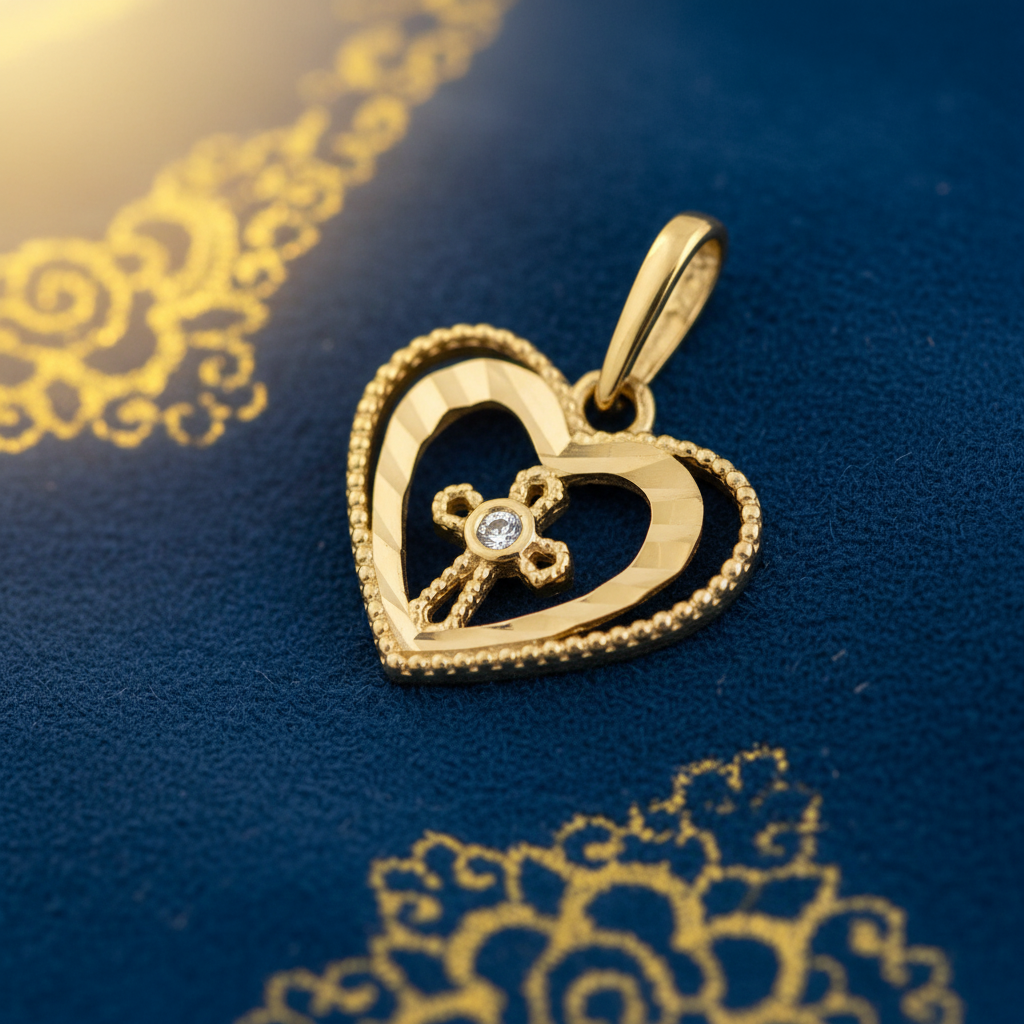 Solid 14K Yellow Gold Double Heart Cross with CZ Pendant for Women and Teens