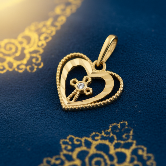 Solid 14K Yellow Gold Double Heart Cross with CZ Pendant for Women and Teens