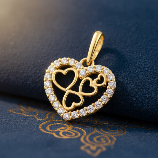 Solid 14K Yellow Gold Quintuple CZ Heart Pendant for Women and Teens