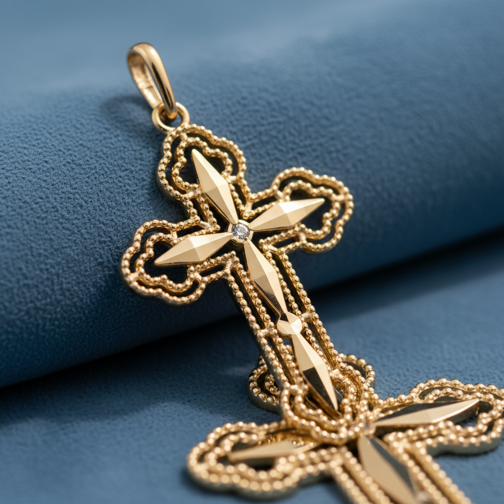 Solid 14K Yellow Gold Antique Diamond Cut Cross Pendant for Women and Teens