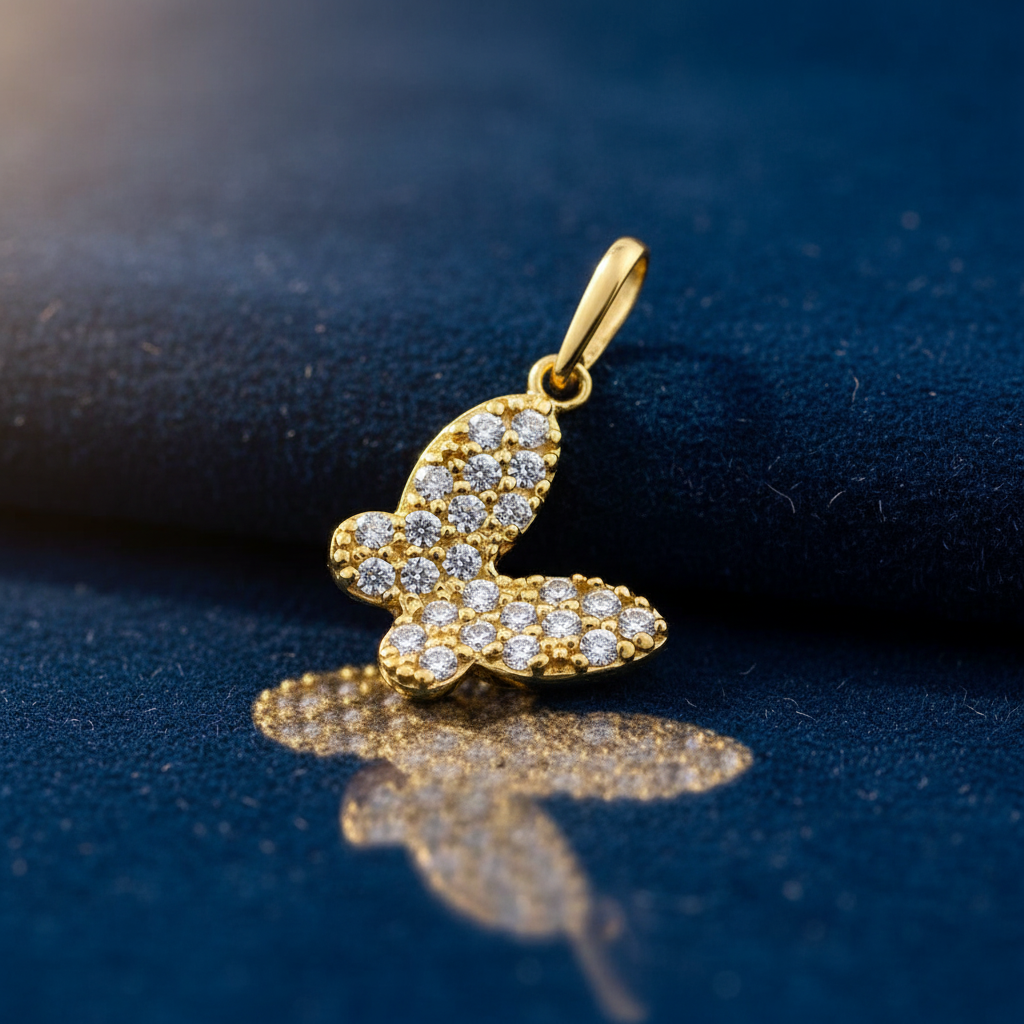 Solid 14K Yellow Gold CZ Butterfly Pendant for Women and Teens