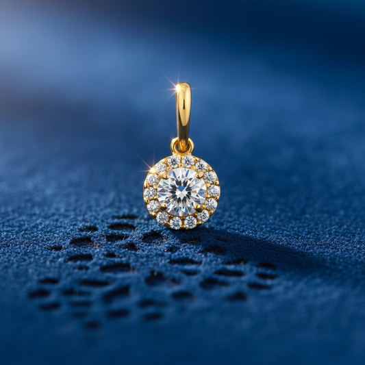 Solid 14K Yellow Gold Round Halo CZ Pendant for Women and Teens