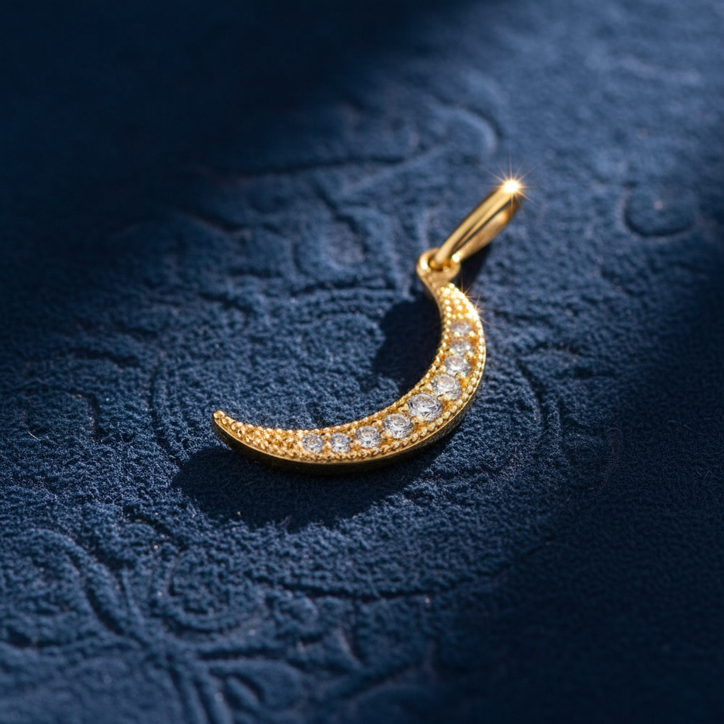 Solid 14K Yellow Gold Crescent CZ Pendant for Women and Teens