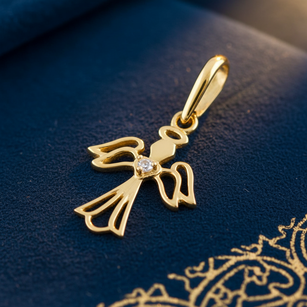 Solid 14K Yellow Gold Angel CZ Pendant for Women and Teens