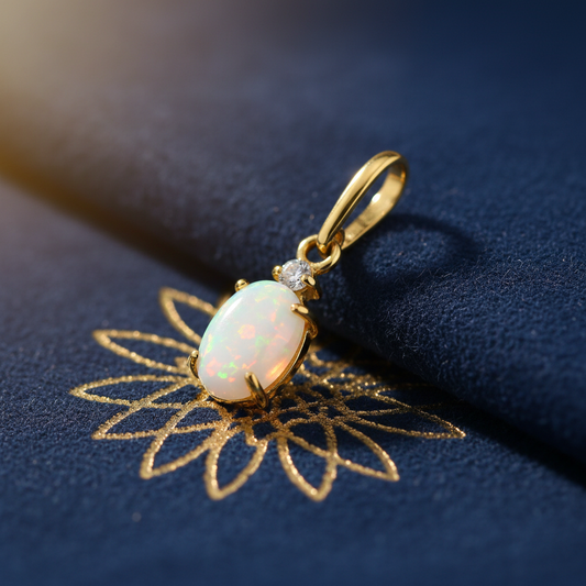 Solid 14K Yellow Gold White Opal and CZ Oval Pendant for Women and Teens
