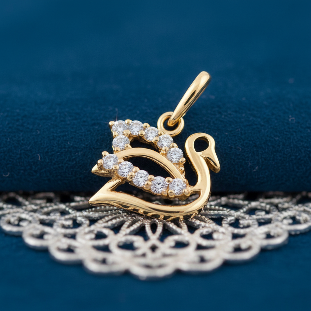 Solid 14K Yellow Gold CZ Swan Pendant for Women and Teens