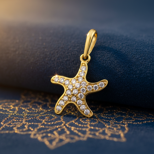 Solid 14K Yellow Gold CZ Starfish Pendant for Women and Teens