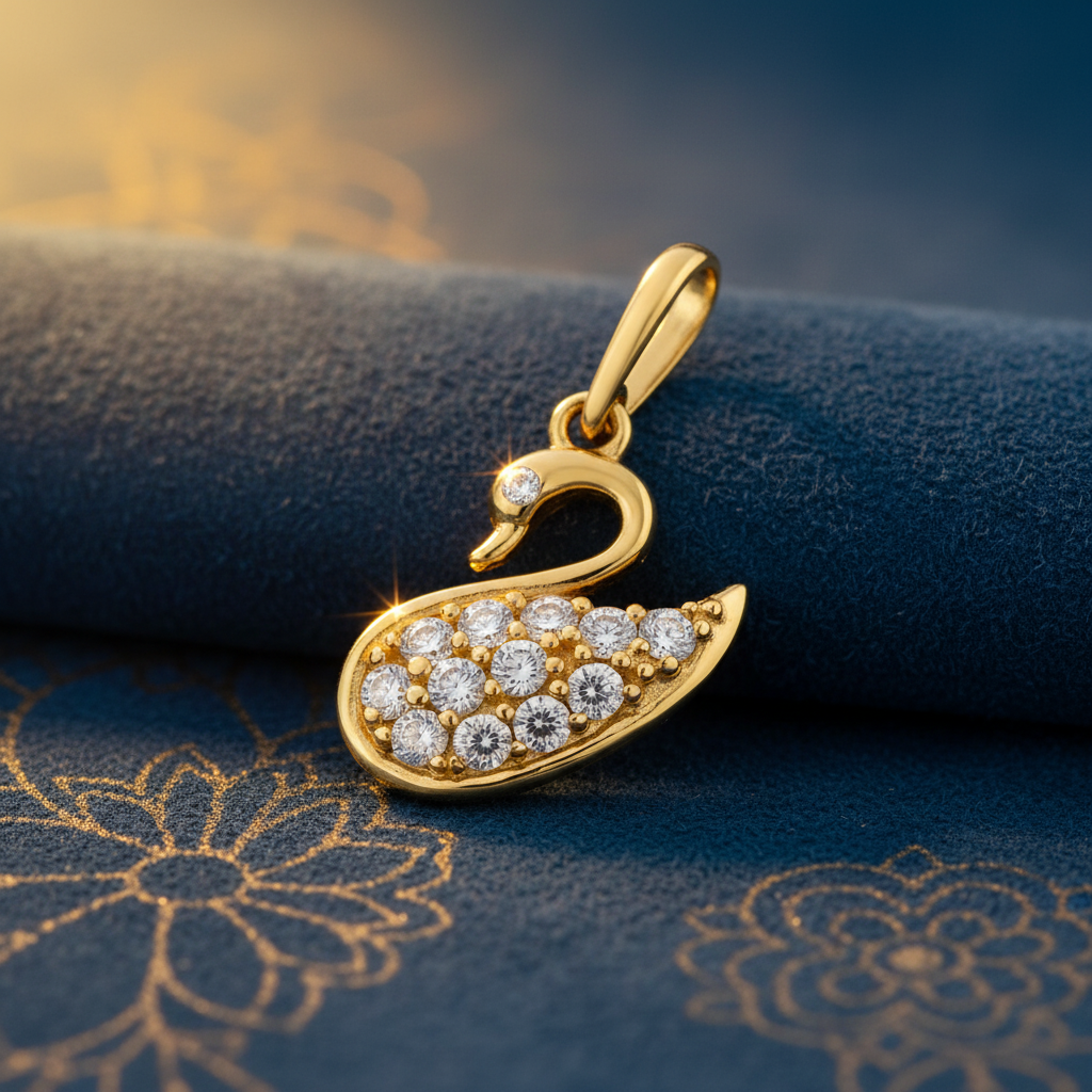 Solid 14K Yellow Gold CZ Swan Pendant for Women and Teens